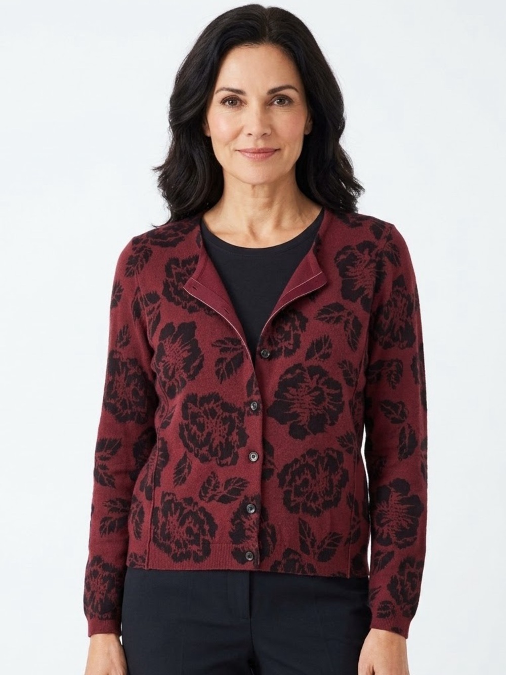 J. Jill Burgundy and Black Floral Button-Front Cardigan Petite Large